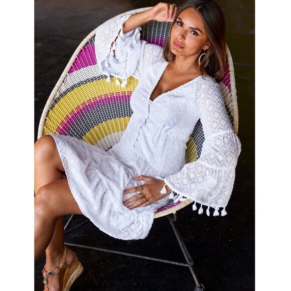 Boston Proper Long sleeve novelty fabric Tassel trim Sun dress white Sz S boho - Picture 5 of 12